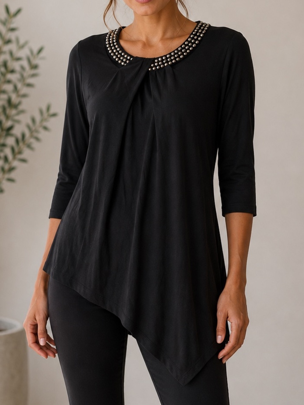 Nine West Jeans Asymmetrical Top‎ Black Silver Studs
